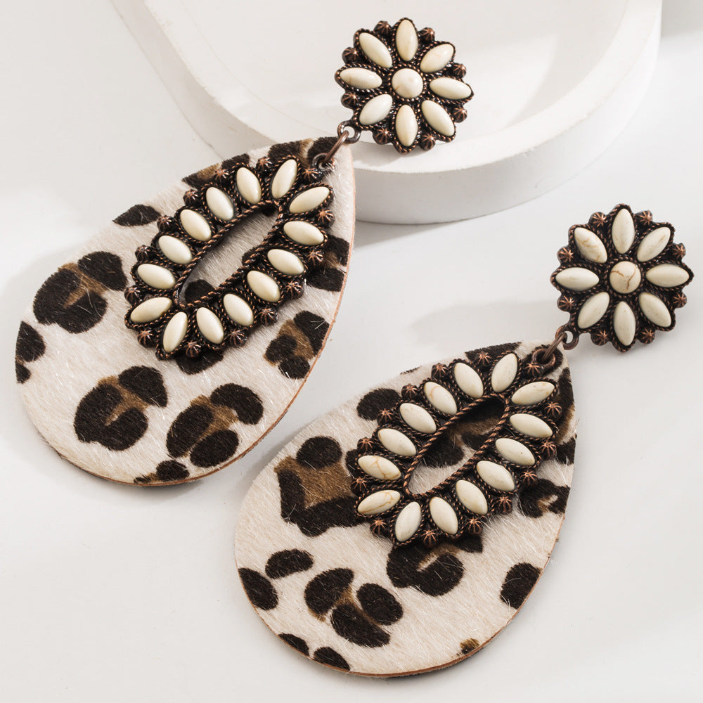Wholesale Fashion Retro Turquoise Earrings High Sense Bohemian Leopard Leather Exaggerated Earrings